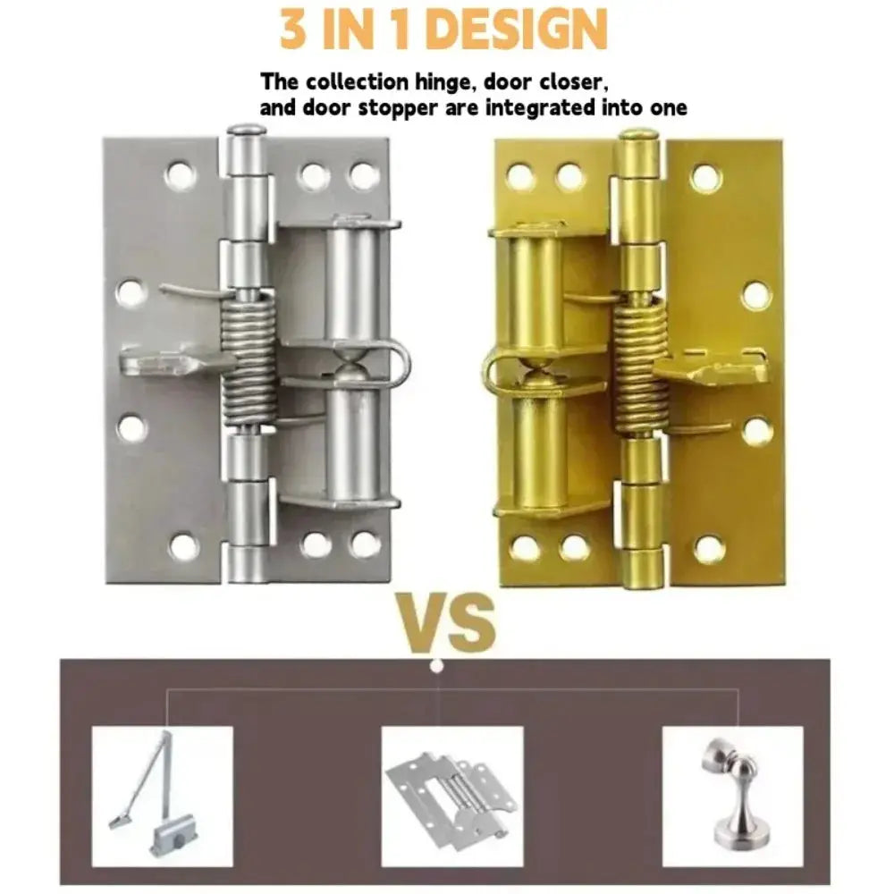 Pair of 3-in-1 automatic door hinges in silver and brass finishes with integrated spring, closer, and stopper.