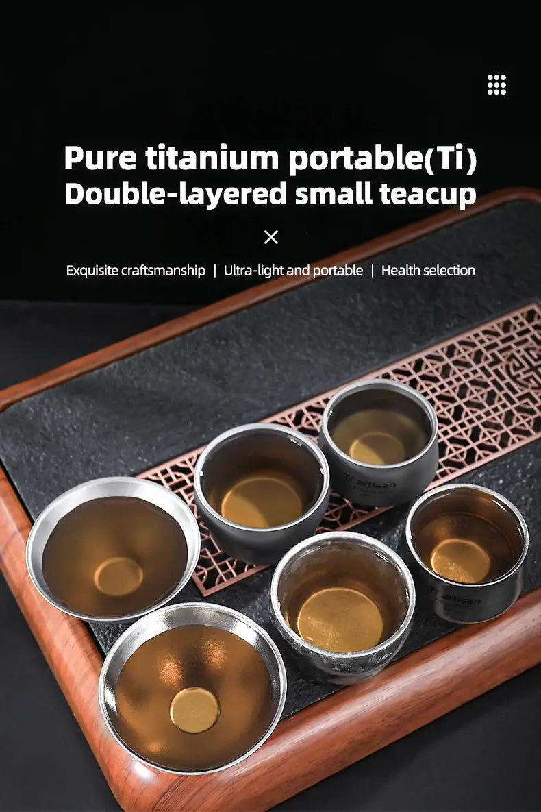 Six titanium 80ml double-layered gourd-shaped teacups set for camping, ultralight drinkware on a wooden tray