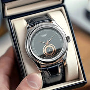 Mens Black Leather Quartz Analog Watch With Numberless Dial For Business Casual Everyday Use