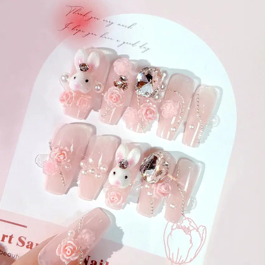 LuxeNail Blush Pink False Nails Bowknot Diamond Pearl Design Press On Nail Tips Harmless Smooth Edge Safe DIY Mani