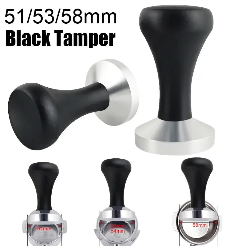 Espresso Tamper With Black Wood Handle Aluminum Base 51mm, 53mm, 58mm For Portafilters