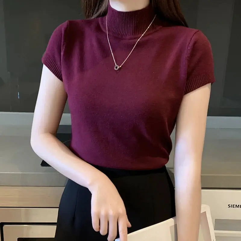 Korean Chic Half High Neck T Shirt Women Jumper Slim Fit Knit Top Spring Summer Solid Color