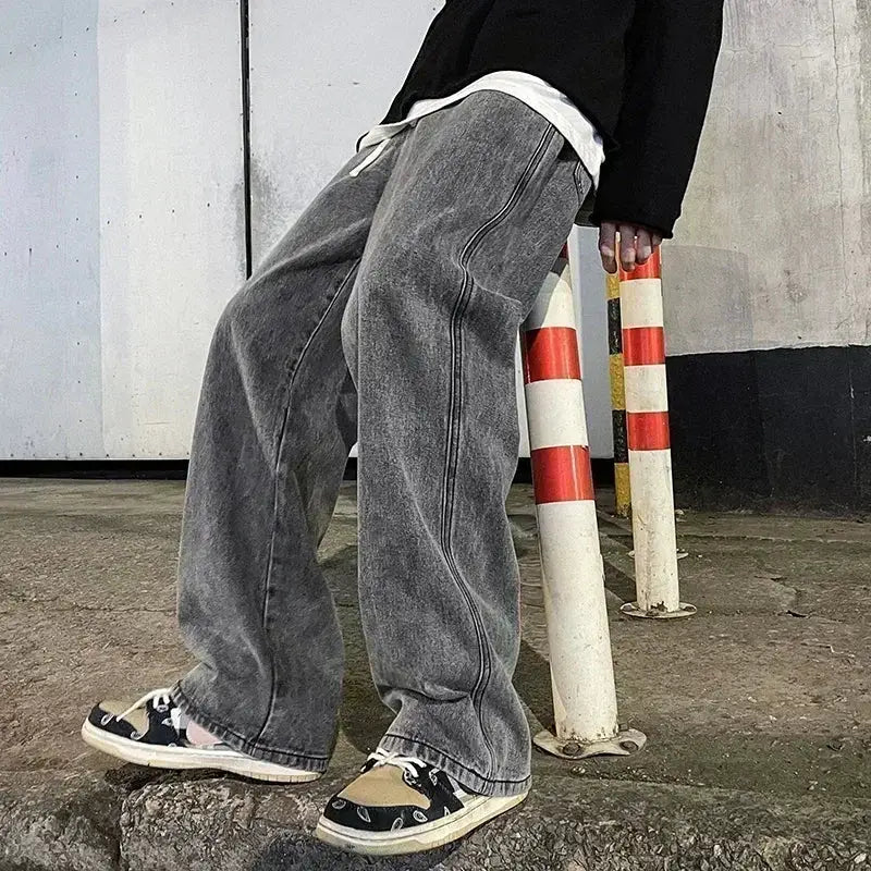 Brand Clothing Streetwear Loose Jeans For Men Korean Style Wide Leg Pants Breathable Cotton Poly Blend