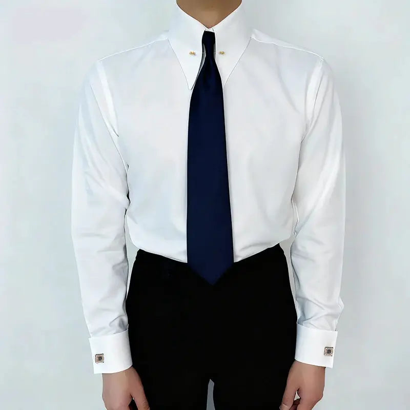 White dress shirt by Simples Market with French cuffs and collar pins