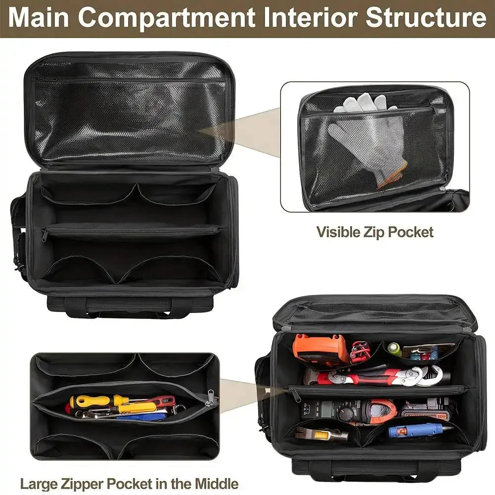 High-capacity tool storage bag with comfortable handle, thick padded base, black and water-resistant.
