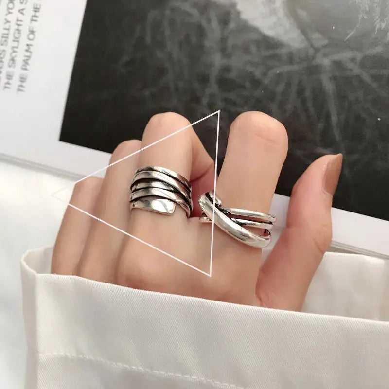 Ventfille 925 Sterling Silver Rings Fashion Hip Hop Vintage Couples Hollow Lines Punk Silver Party Adjustable Jewelry