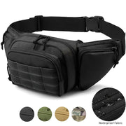 Black tactical waist pack with multiple zip pockets, MOLLE front panel and adjustable nylon strap