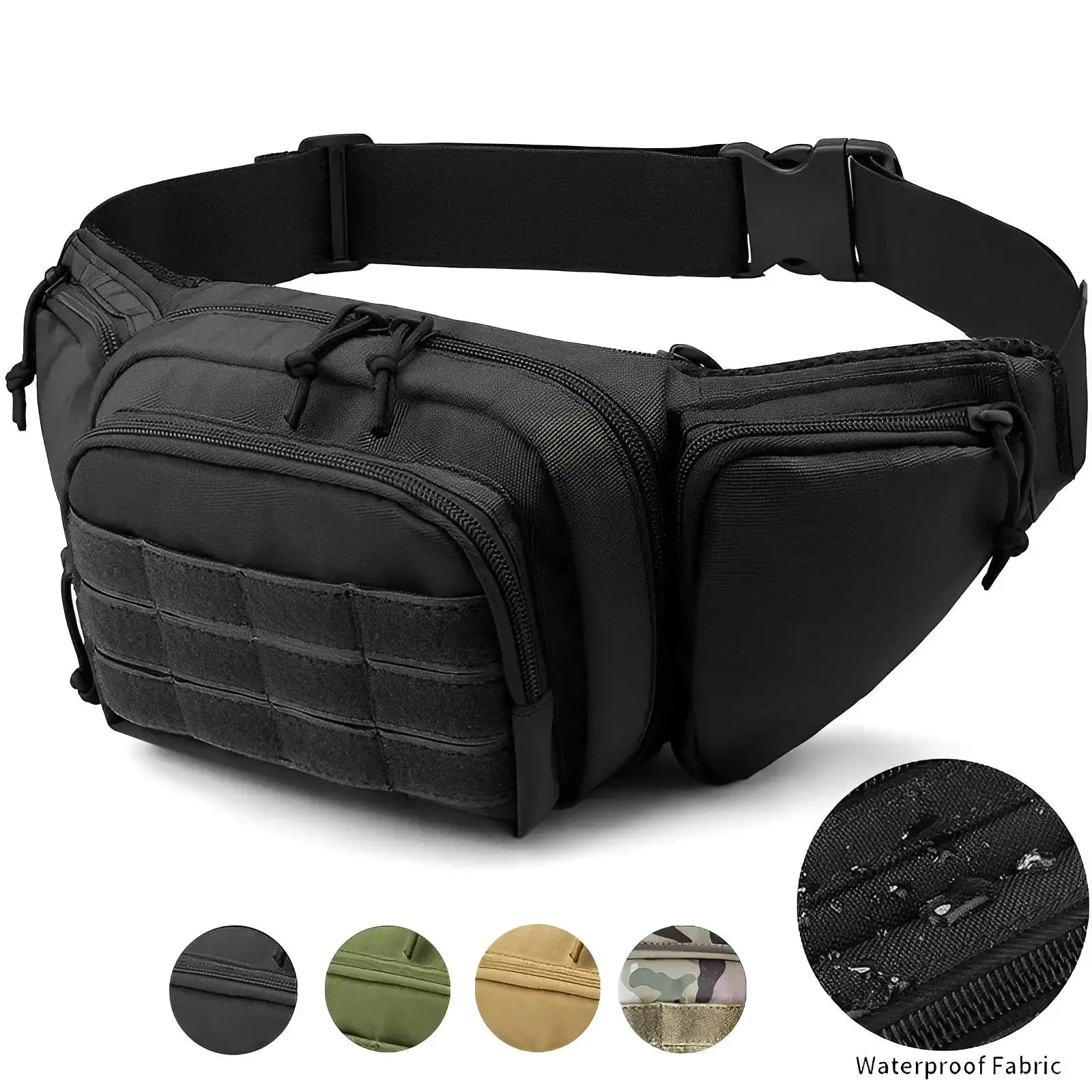 Black tactical waist pack with multiple zip pockets, MOLLE front panel and adjustable nylon strap