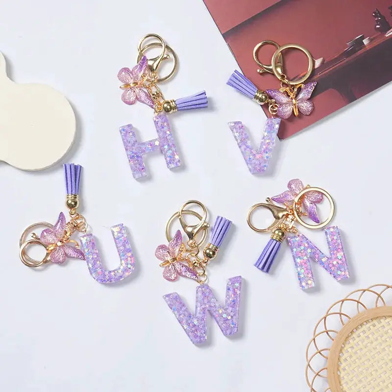Sequin Letters Keychain For Women With Tassel Butterfly Pendant Initial Key Ring Purse Charm Car Key Chain Accessories
