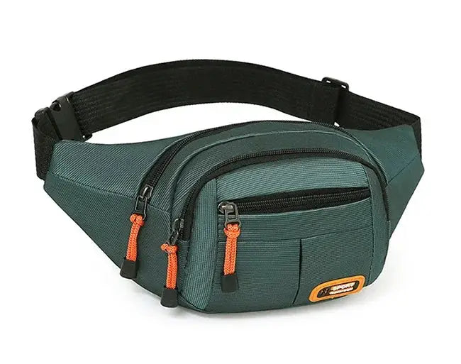 Simples Market oxford waterproof waist bag in teal with orange zipper pulls, unisex, and multiple pockets.