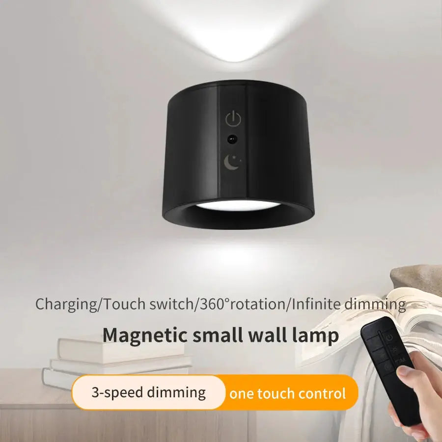 LED wall lamp by Simples Market, magnetic small black wall sconce with touch control, 360° rotation, 3-color dimming.