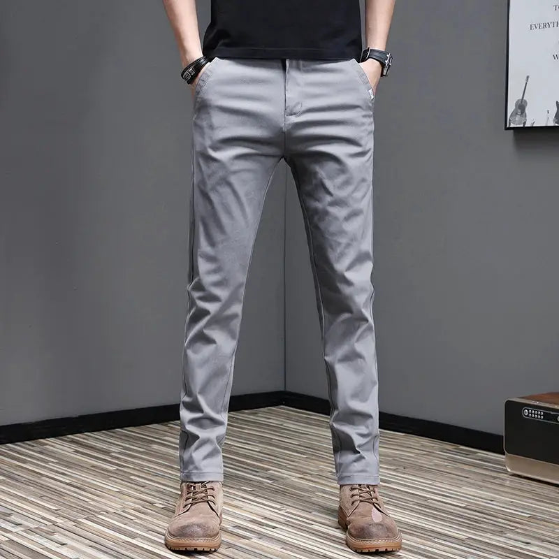 Simples Market men's slim-fit gray cotton casual pants with stretch for spring/summer, versatile businesswear trousers