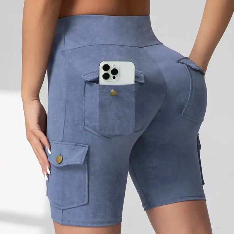 Blue washed denim-look leggings with cargo pockets and back pocket for phone