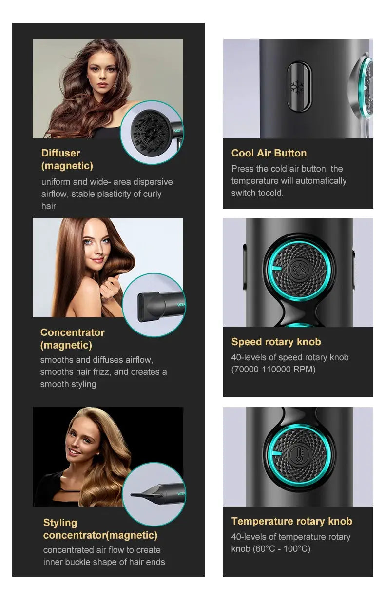 VGR Hair Dryer V-401 by Simples Market; black body with teal ring and three magnetic attachments