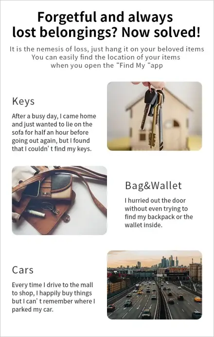 JSPTEC Airtag Bluetooth GPS Tracker by Simples Market; IPX5 waterproof, keys, bag, and car use cases shown.