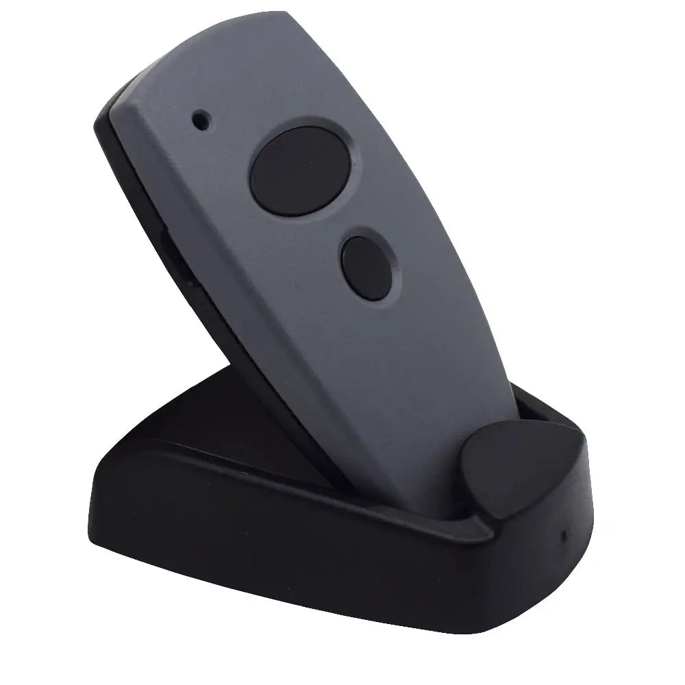Garage door remote control with two black buttons, grey body on a black dock, 868/433MHz compatible