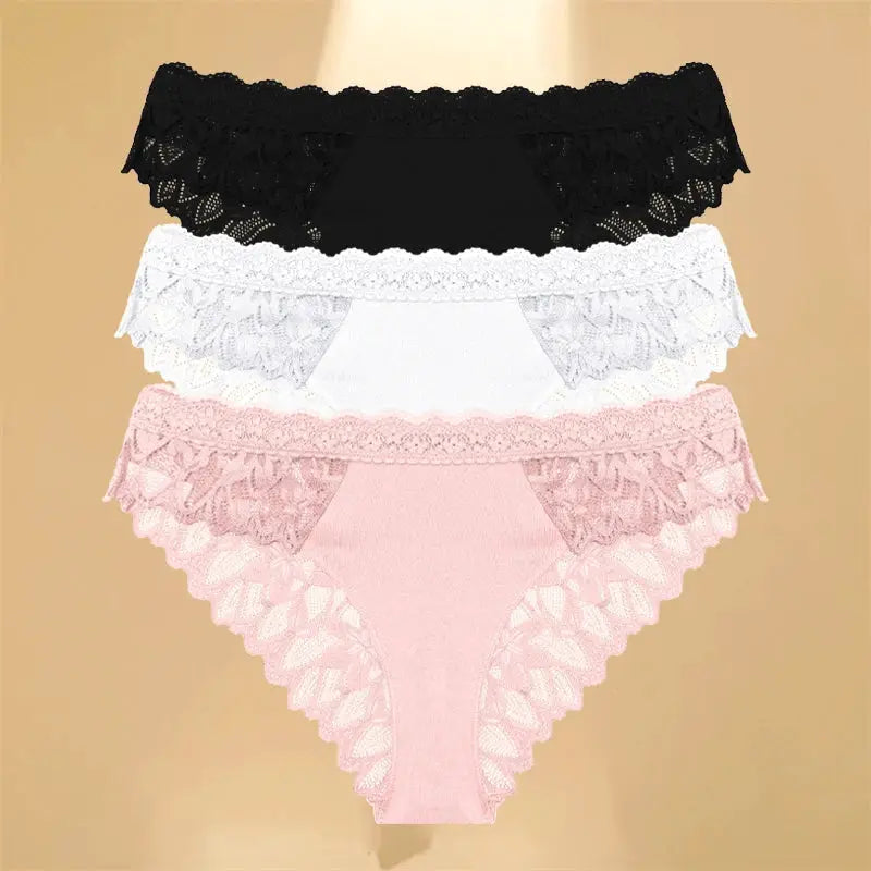 Lace hollow-out underwear set; multicolor pack of low-waist floral briefs in black, white, gray, pink with breathable fabric