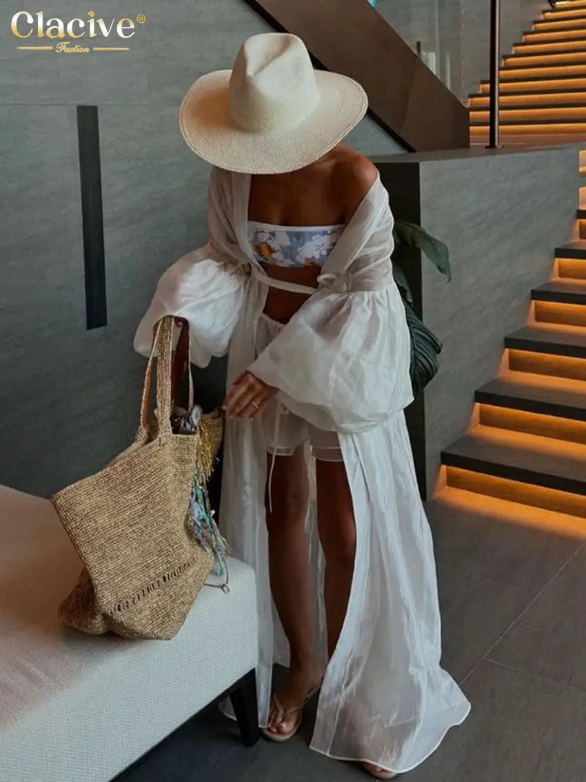 Clacive White 2 Piece Set Women Loose Long Sleeve Robe And Shorts