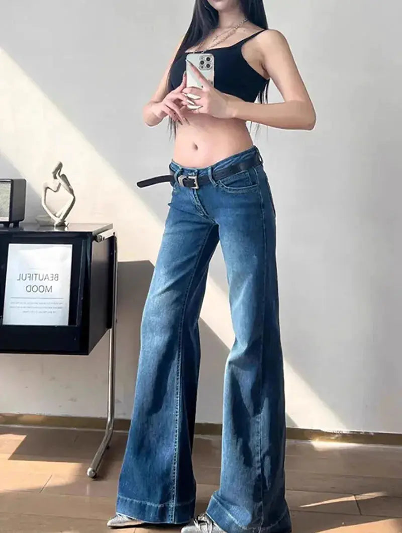 Lucyever Y2K Streetwear Low Waisted Jeans Women Wide Leg Denim Flares