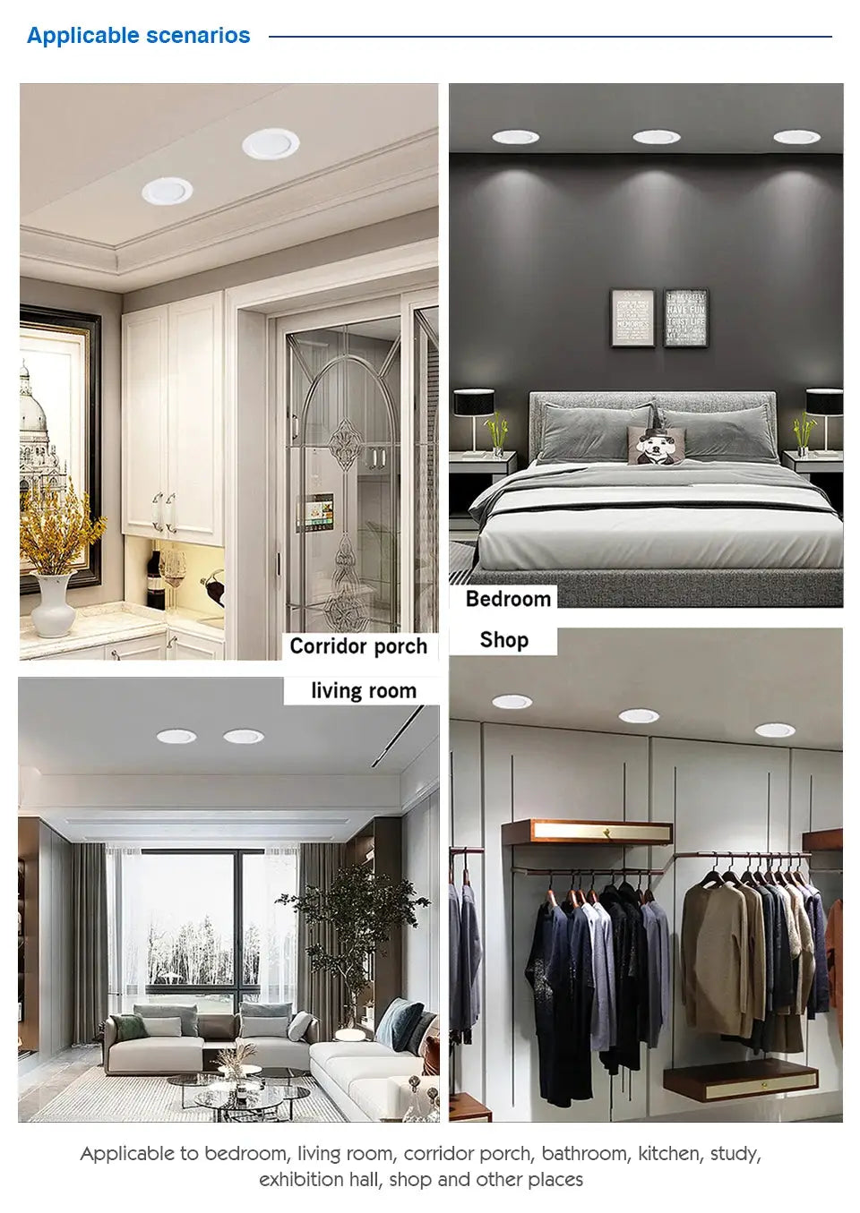LED downlight panel by Simples Market; white recessed ceiling lamps shown in bedroom, living room and corridor scenes
