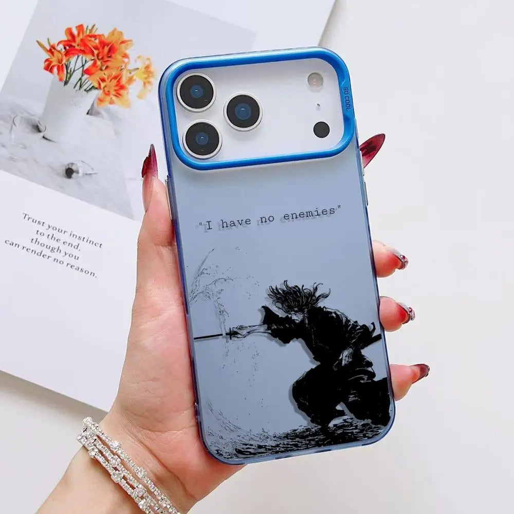 Phone case for iPhone 11–17 Pro Max, blue bumper, clear back with samurai silhouette and I have no enemies text