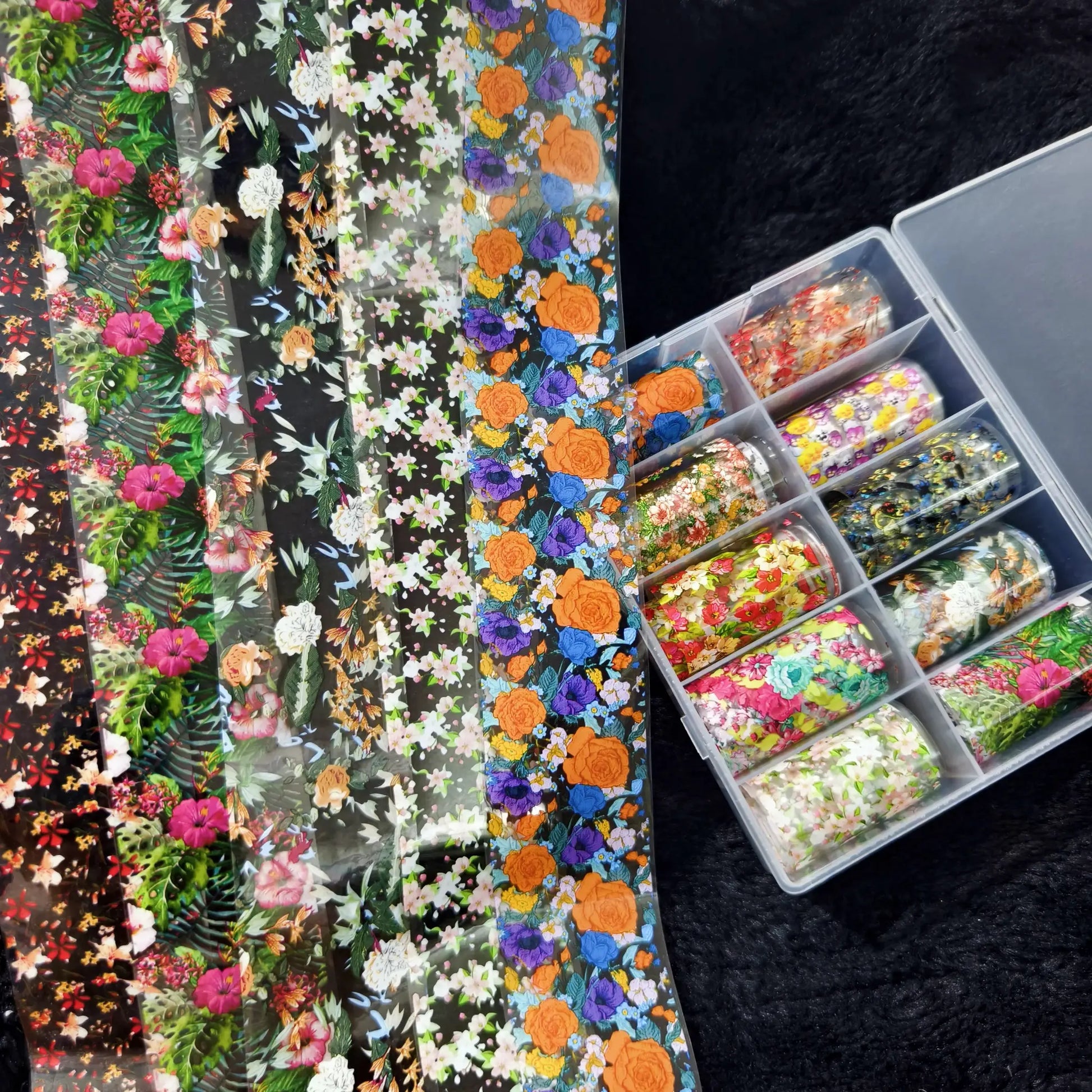 Nail foil sheets by Simples Market, 10-roll floral designs in bright colors for nail art decals