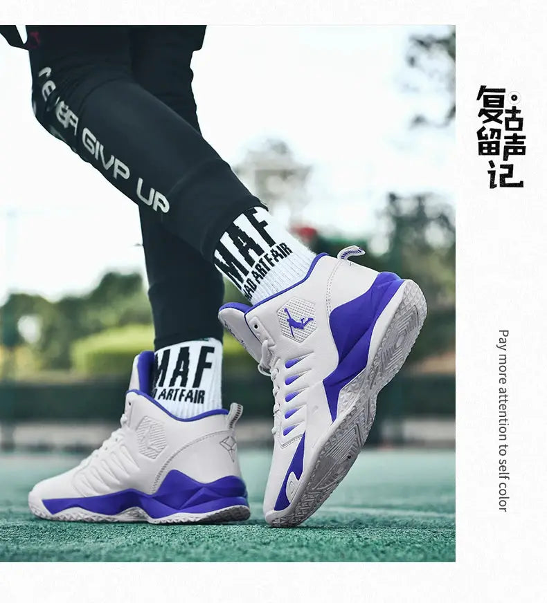 Simples Market men's high-top sneakers, white with purple accents, breathable athletic shoes (pair)