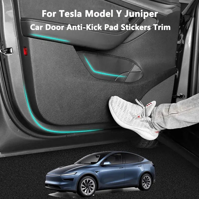Car door anti-kick pad trim for Tesla Model Y Juniper 2025 by Simples Market; leather sticker kit with teal accents