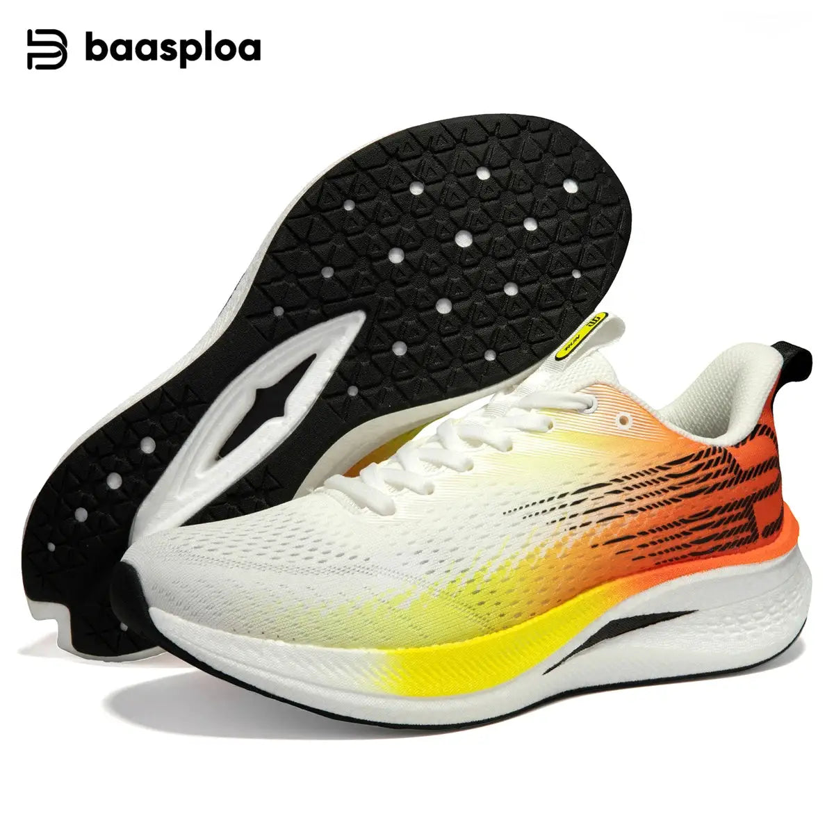 Baasploa men running shoes; white-to-yellow-orange gradient mesh upper, breathable, non-slip black outsole