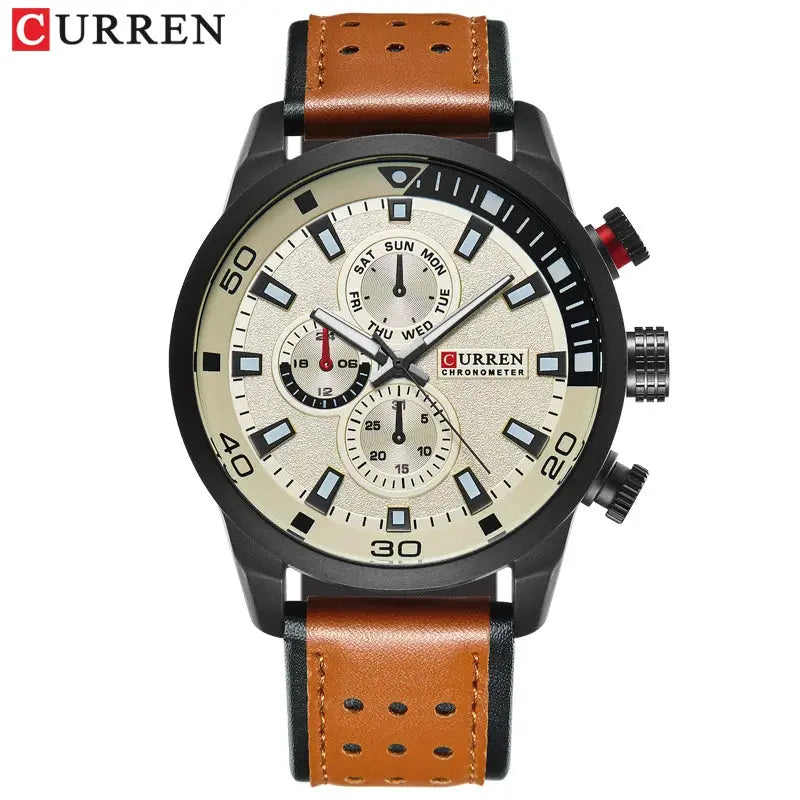 CURREN men's watch with beige dial, black bezel, three subdials, and tan perforated leather strap