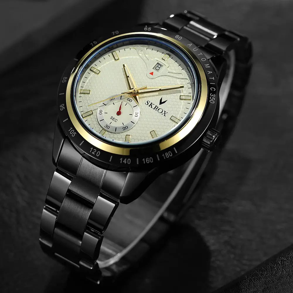 SKROX men's stainless steel automatic watch with black bezel, gold ring, textured silver dial, date window.