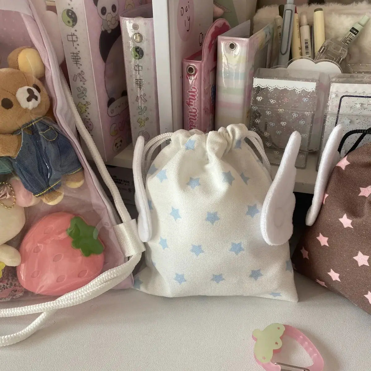 Star Pattern Drawstring Canvas Bag With Rope Closure Portable Dustproof Storage For Cosmetics And Stationery