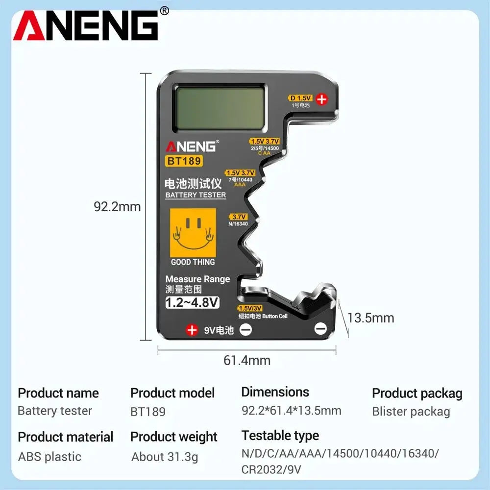 ANENG BT189 Battery Tester Universal For 9V N D C AA AAA Cells With LCD Display And Battery Status Indicator