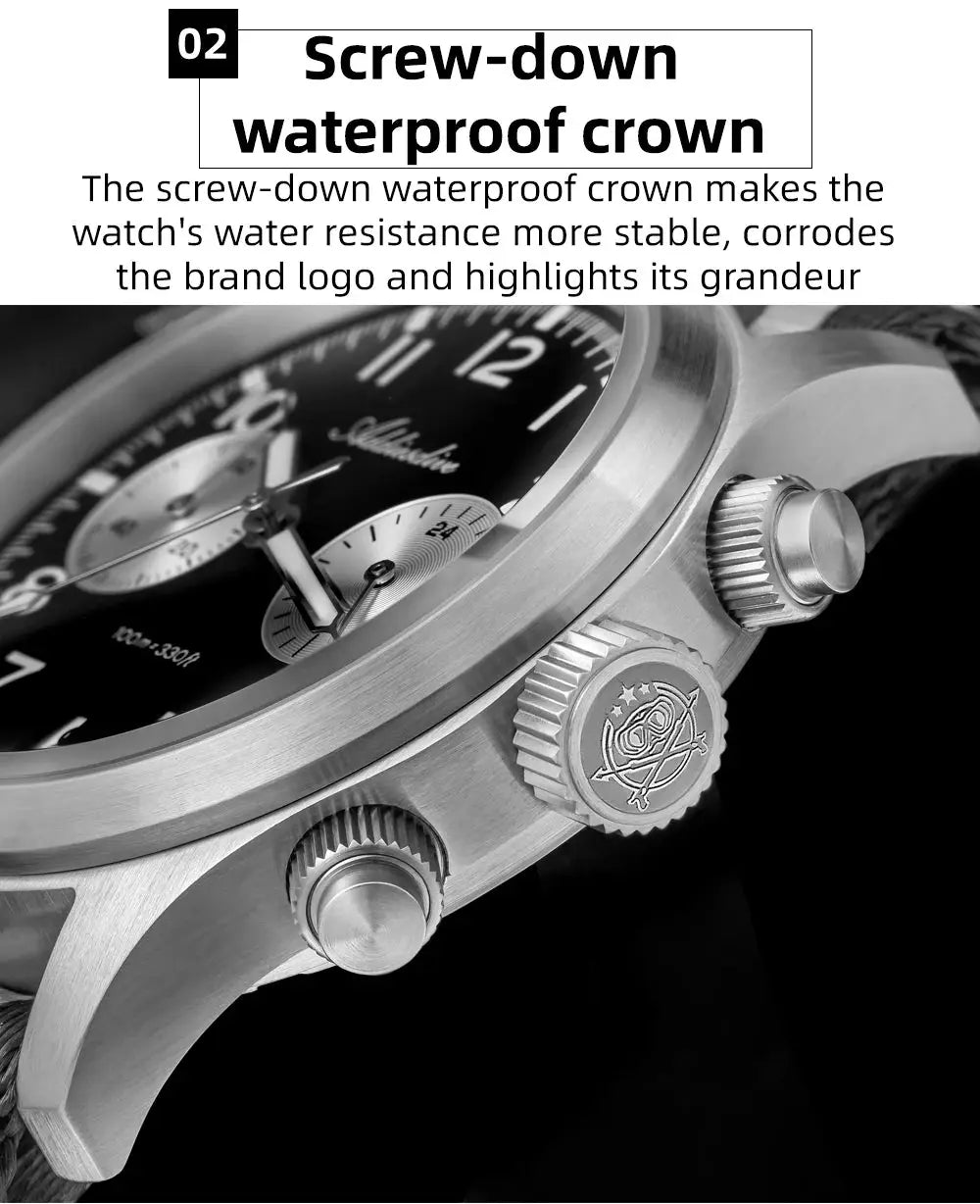 Addiesdive men's 316L stainless steel chronograph watch; screw-down crown, 39mm case, black dial with luminous markers