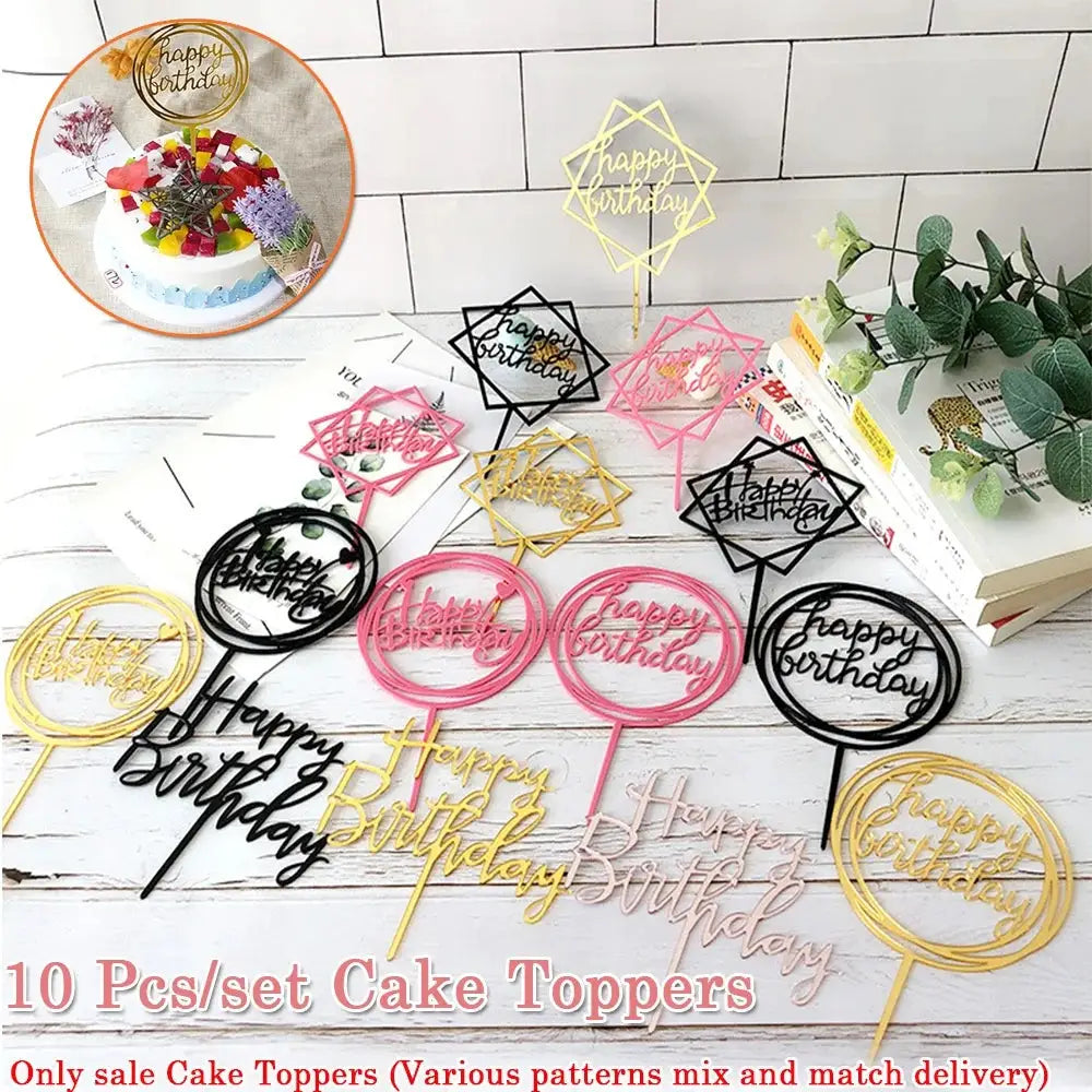 Ten Piece Set Multi Style Acrylic Happy Birthday Cake Toppers For Dessert Decoration