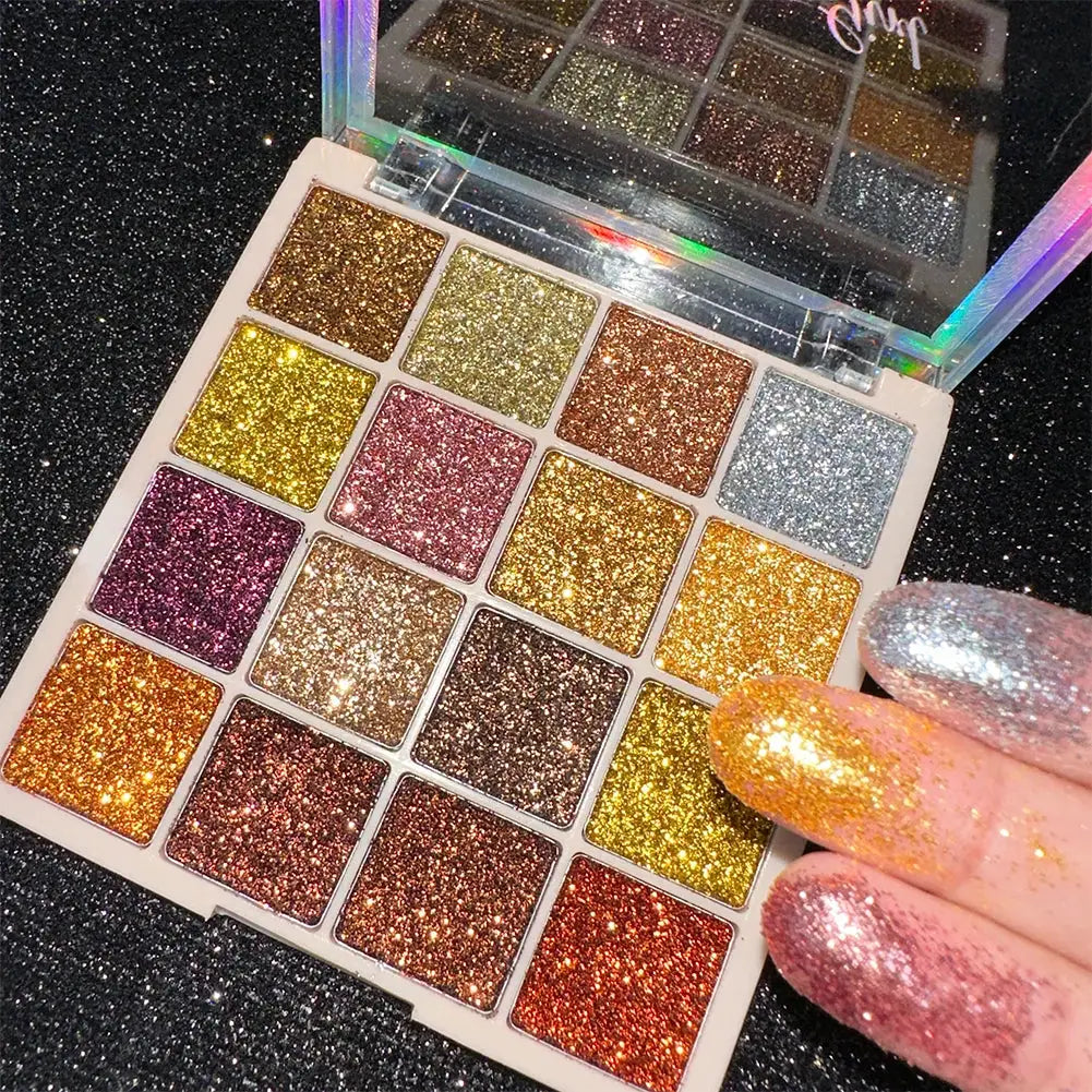 16 Colors Glitter Eyeshadow Palette Shimmer Sequin Finishes Multicolor Golden Sparkle for Face Body Stage Party Makeup