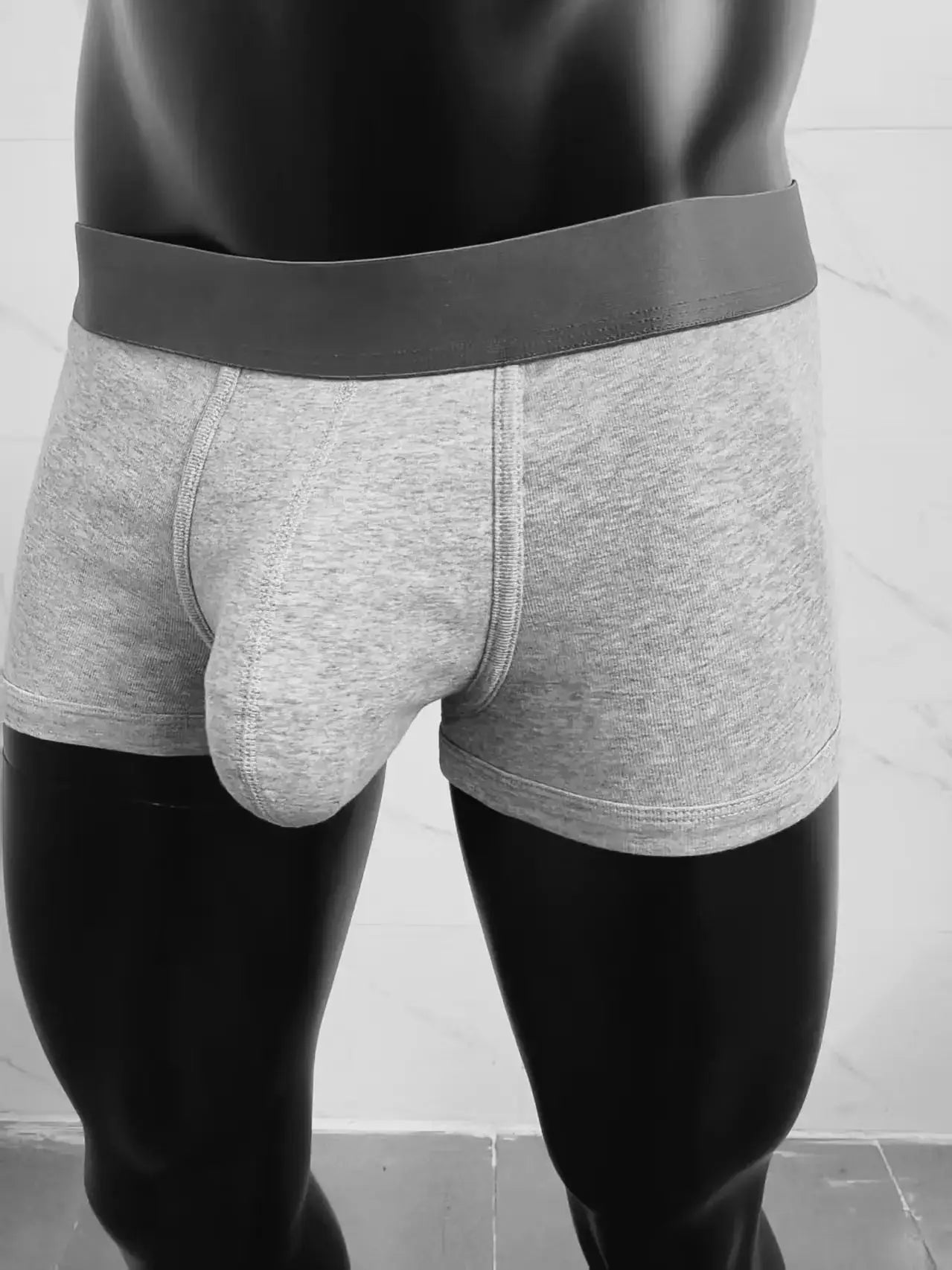 Cotton men's boxer briefs with large front pockets; gray heather fabric, dark waistband