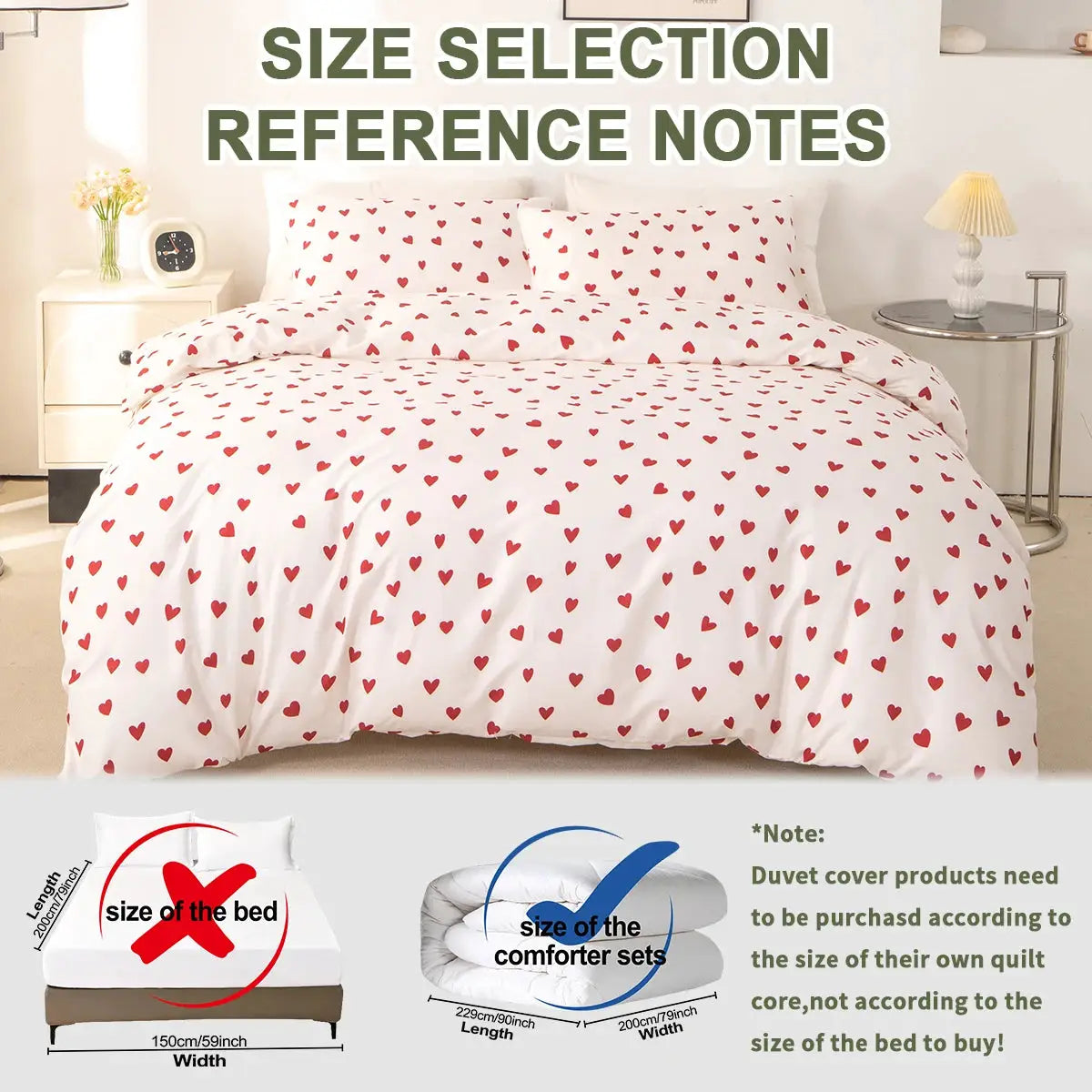 3-piece white duvet cover set with small red heart print and 2 pillowcases