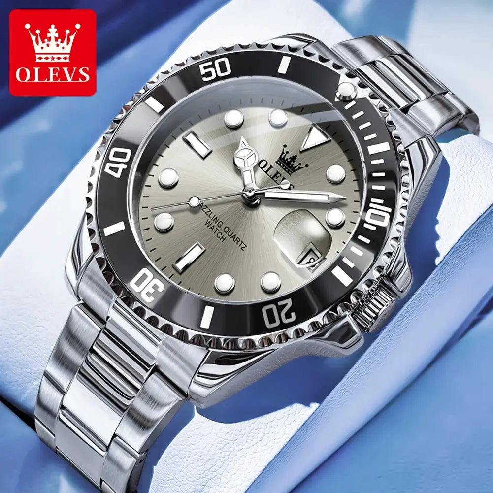 OLEVS men's stainless steel diving watch with black bezel, luminous dial and date window