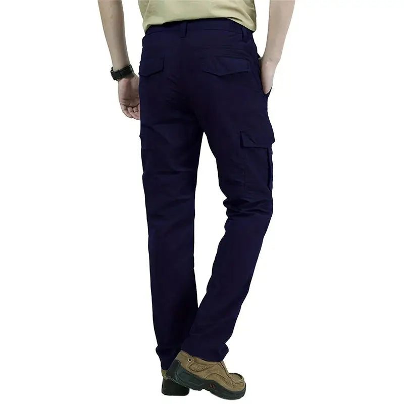 Men's navy cargo pants with multiple pockets for outdoor hiking