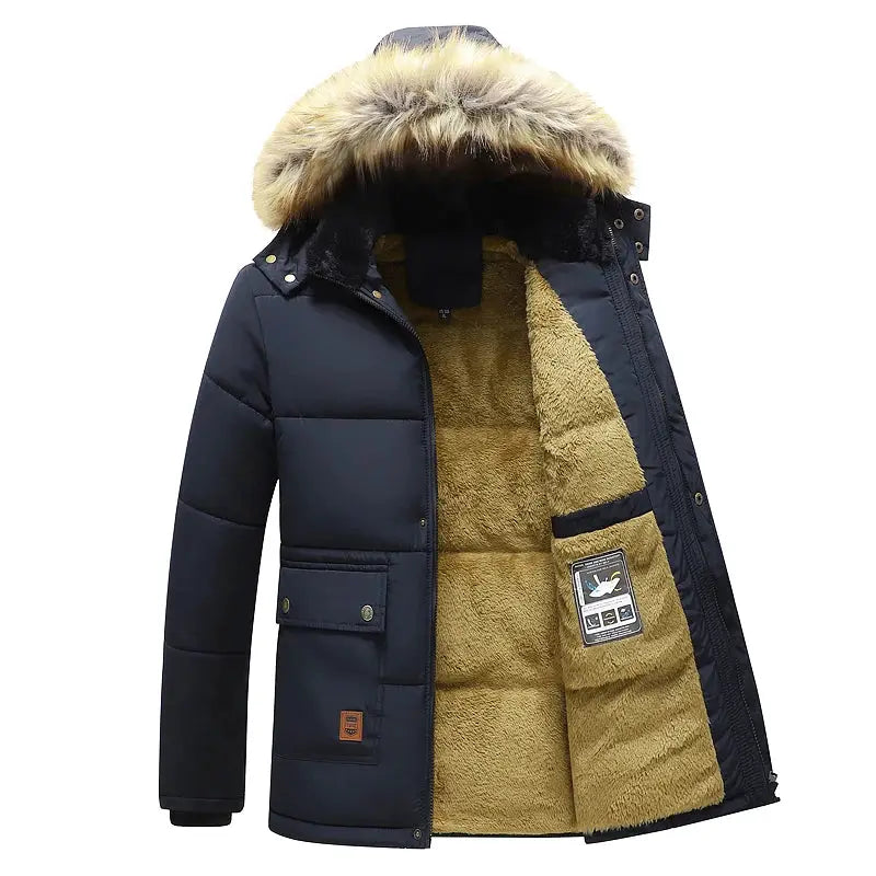 Simples Market men's navy windproof fleece parka with fur-trimmed hood and tan plush lining