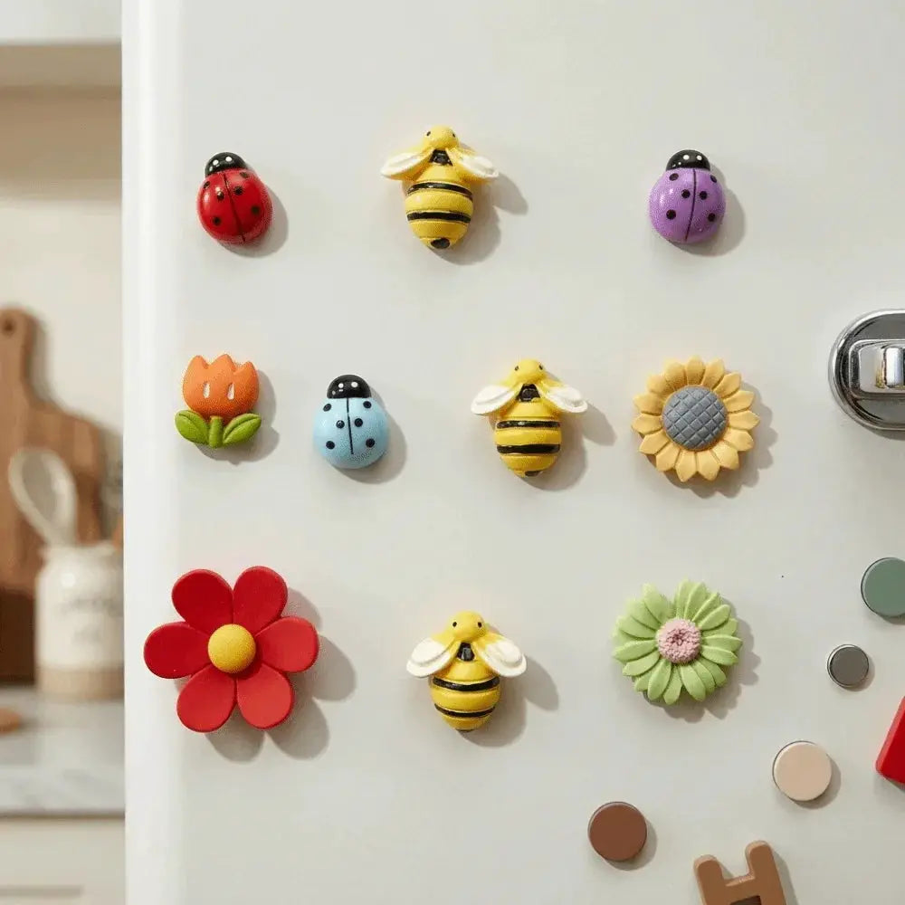 10pcs Adorable Refrigerator Magnets with colorful bee, ladybug and flower designs for kitchen decor