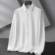 Men's white solid-color wrinkle-resistant long-sleeve business casual shirt on a hanger