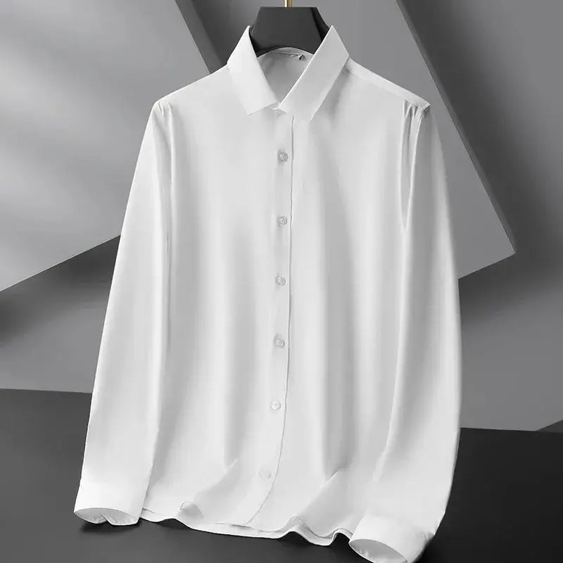 Men's white solid-color wrinkle-resistant long-sleeve business casual shirt on a hanger