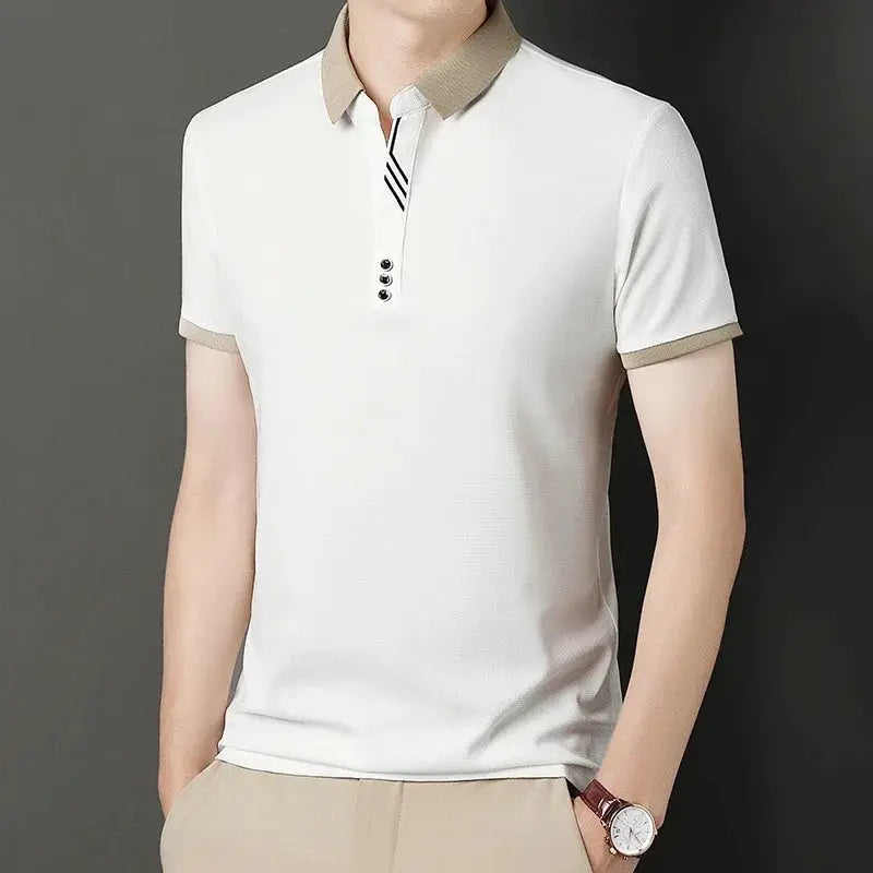 Men's solid white polo shirt with beige collar and cuffs, short sleeves