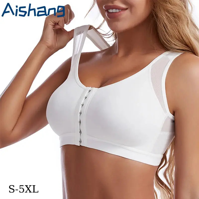 Aishang white front-closure wireless bra vest for women, S-5XL
