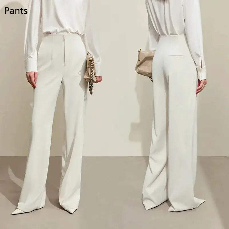 AMII Minimalism women's pants by Simples Market; white wide-leg office trousers, solid color (two shown)