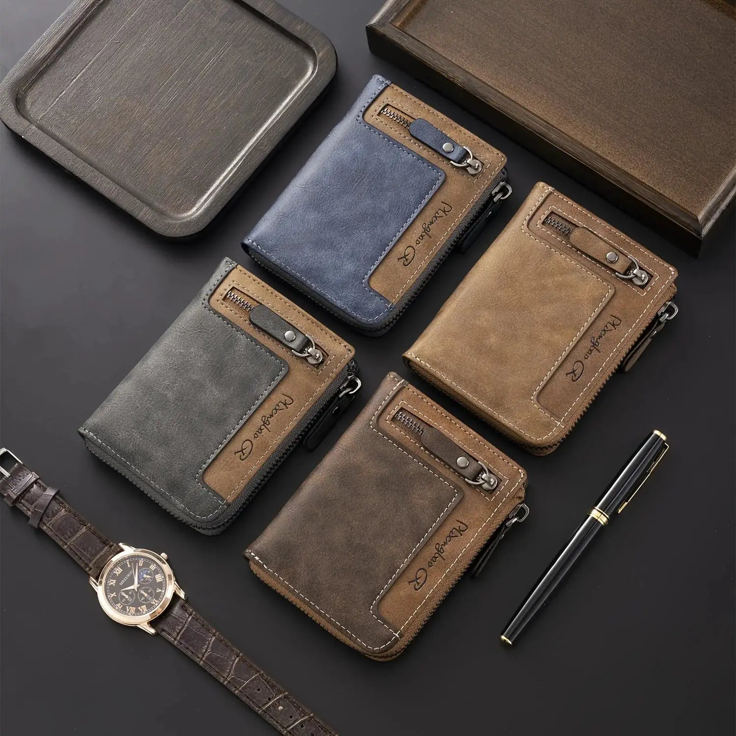 Men's retro short wallet set by Simples Market in blue, gray and brown PU leather with zipper coin pocket