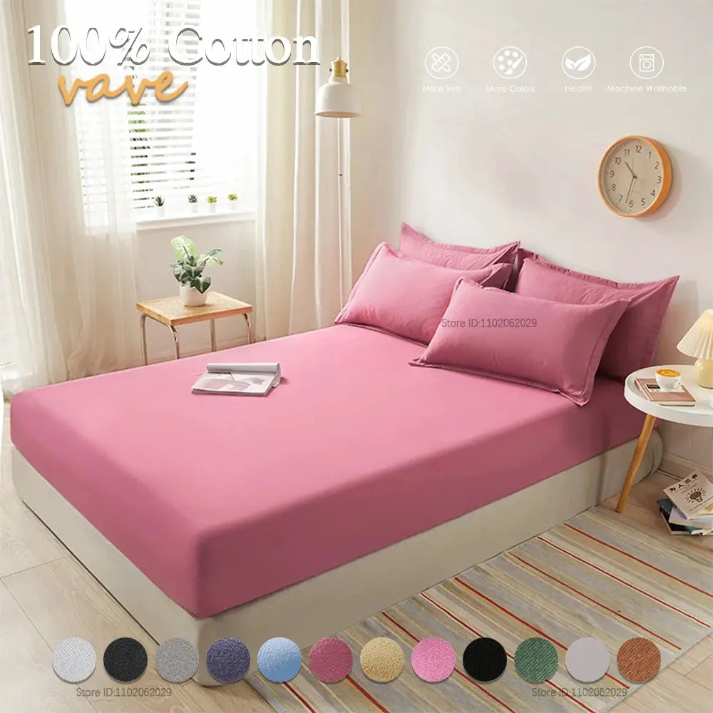 Full-size cotton fitted sheet with elastic bands in pink.