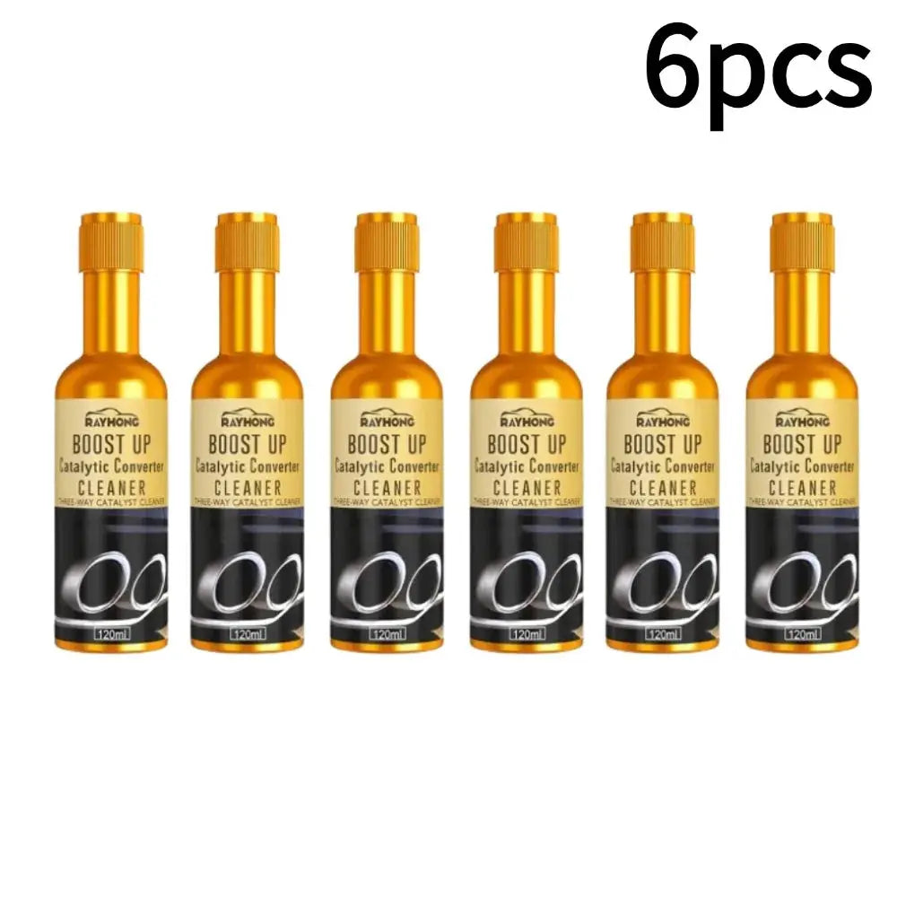Six amber Boost Up catalytic converter cleaner bottles by Rayhong, 120ml each.
